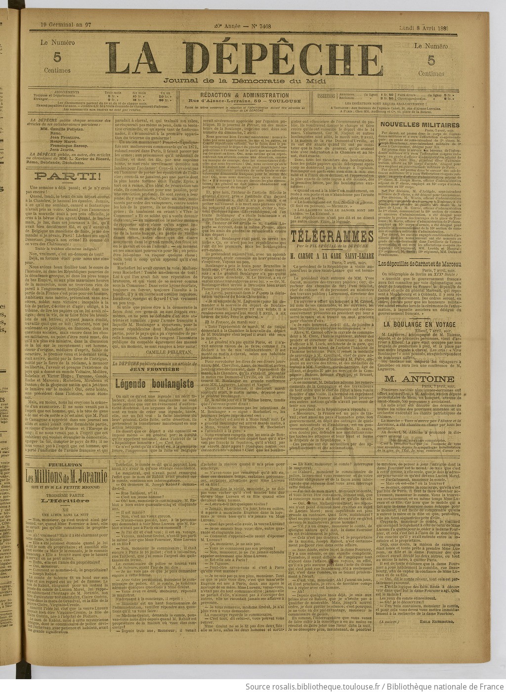 La Dépêche : journal quotidien | 1889-04-08 | Documents du site Rosalis