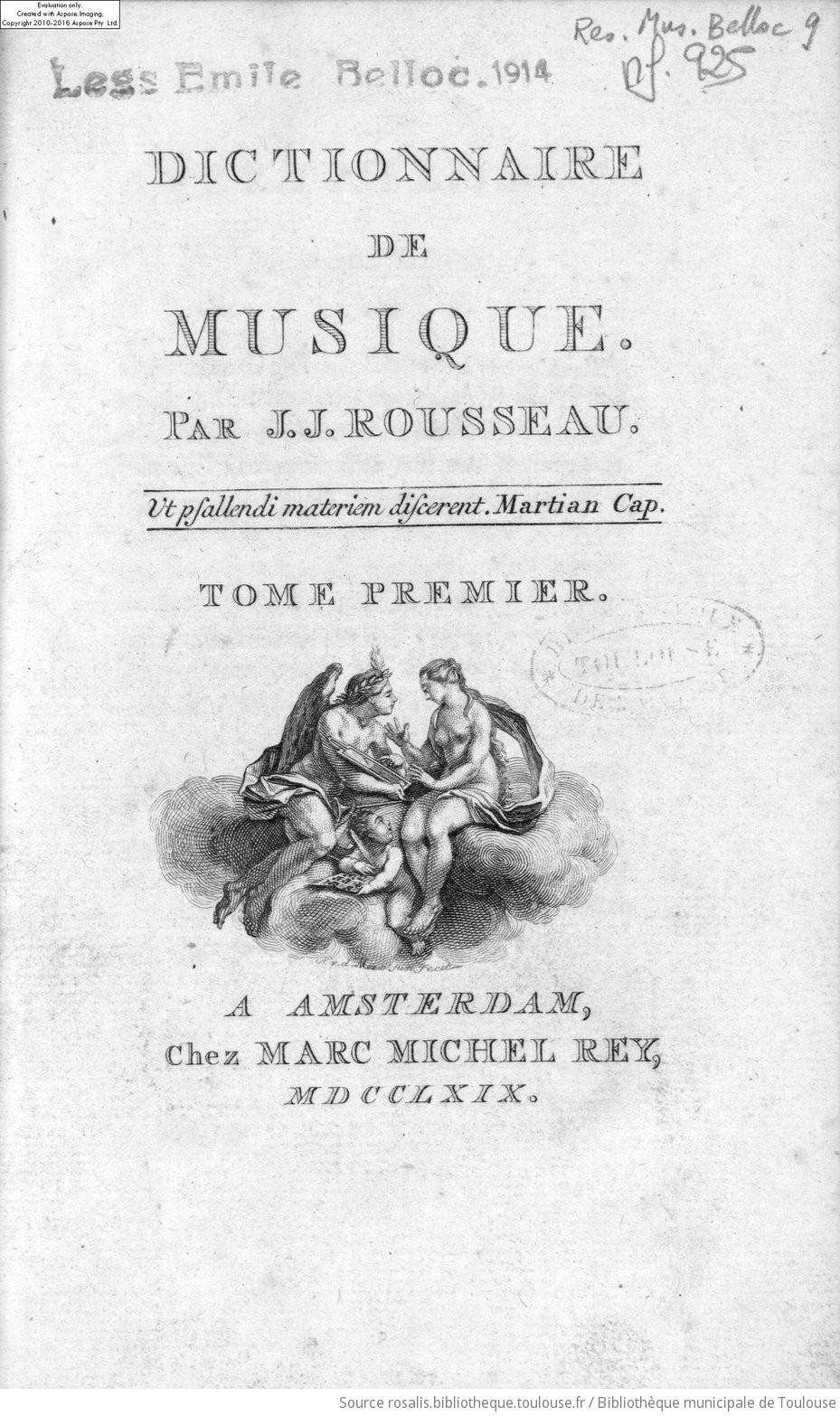 Dictionnaire de musique. Par Jean-Jacques Rousseau. Tome premier |  Documents du site Rosalis