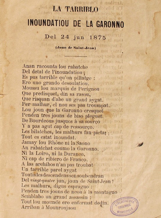 Jean-Bernard Arquié, La tarriblo inoundatiou de la Garonno del 24 jun 1875, 1876, Bibliothèque de Toulouse, Lm C 8258 