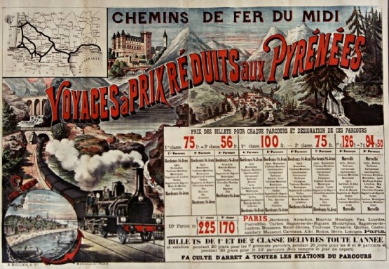 Chemin de fer du Midi. Voyages à prix réduits aux Pyrénées, affiche, Bordeaux, 1890