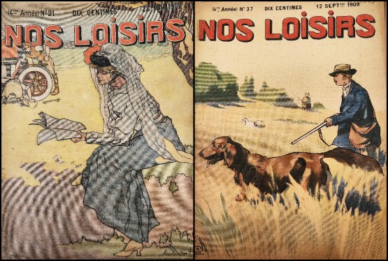 Revue Nos loisirs, image d'un homme qui chasse et d'une femme qui lit un livre dans un champs