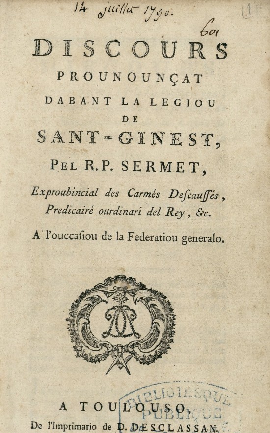 Sermet, Discours prounounçat dabant la Legiou de Sant-Ginest
