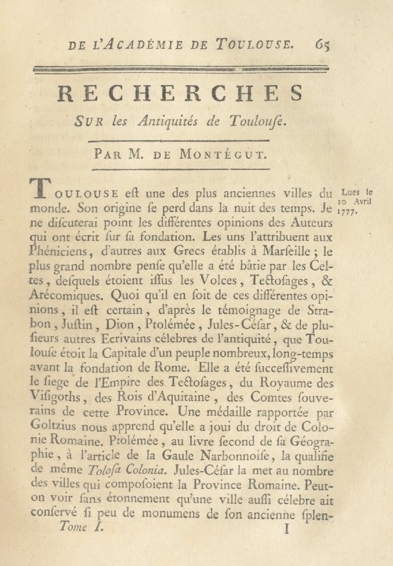 Histoire et mémoires de l'Académie royale des sciences... de Toulouse