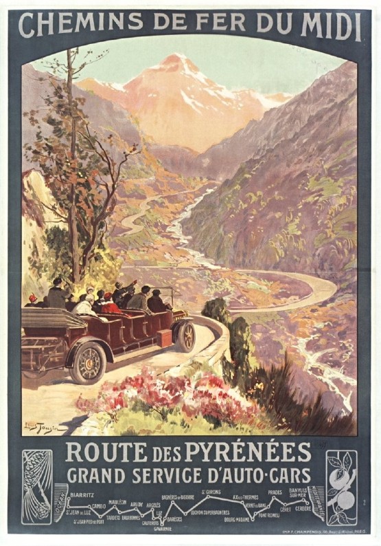 Louis Tauzin, Chemin de fer du Midi. Route des Pyrénées, grand service d'auto-cars, affiche, Paris, 1914