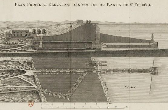 A.-F. Andréossy, Plan, profil et élévation des voutes du bassin de St Ferréol, dans : Histoire du canal du Midi, 1804 (Rosalis)