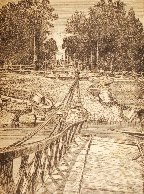 Théophile Astrié, Ruines du pont Saint-Michel, gravure dans : Les drames de l'inondation à Toulouse, 1875, Rosalis, Bibliothèque de Toulouse, Lm D 4346 