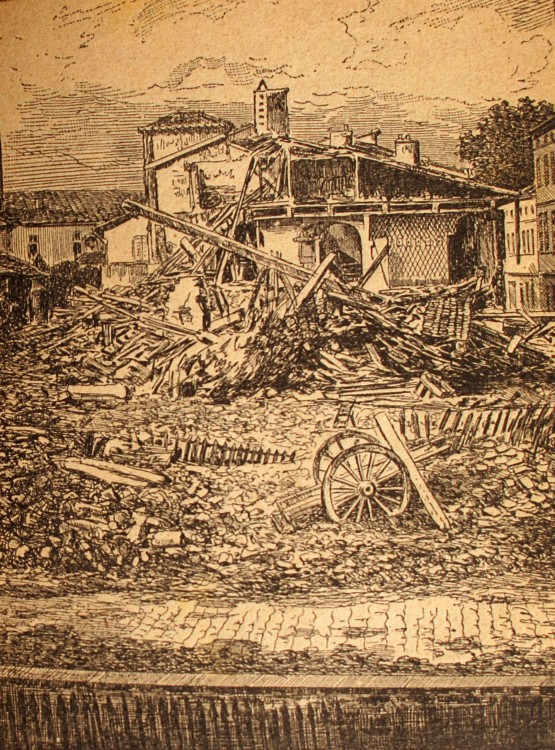 Théophile Astrié, Ruines de la rue Laganne, gravure dans : Les drames de l'inondation à Toulouse, 1875, Rosalis, Bibliothèque de Toulouse, Lm D 4346 