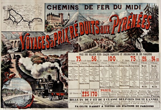 Affiche des Chemins de fer du Midi : Voyages à prix réduits aux Pyrénées