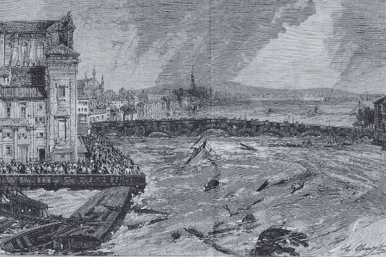 La Garonne à Toulouse lors de la crue du 23 juin 1875, gravure, Archives municipales de Toulouse, Wikimédia Commons 