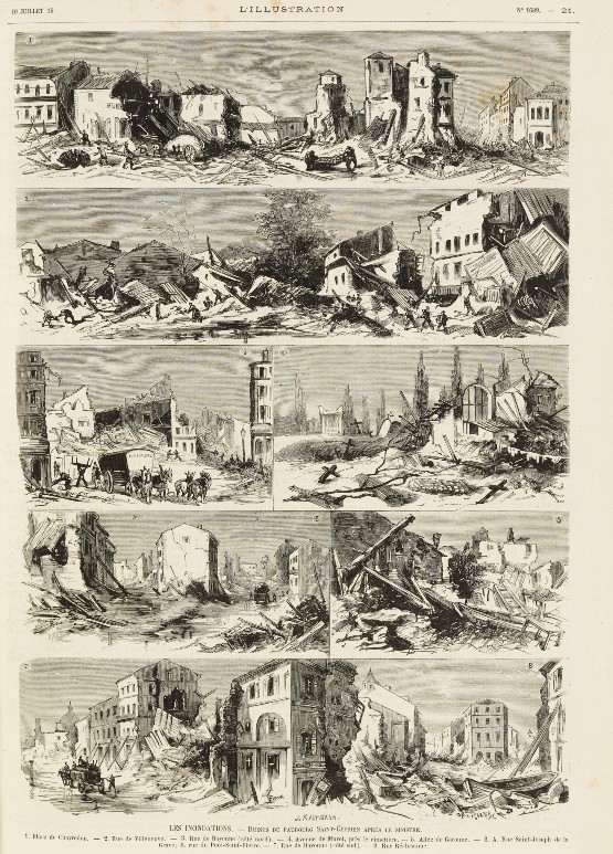 J. Kaufmann, Les inondations, ruines du faubourg Saint-Cyprien après le sinistre, dans : L'illustration, 10 juillet 1875, n° 1689, Bibliothèque de Toulouse, P 3000