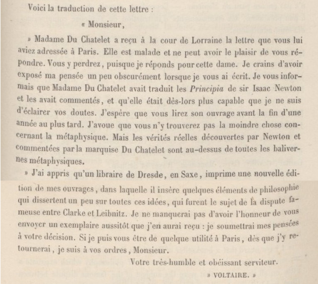 Lettre Voltaire sur Emilie du Châtelet