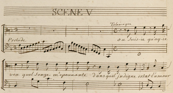 Manuscrit de Télémaque, tragédie en musique composée d'extraits d'opéras de différents compositeurs : Campra, Collasse, Charpentier, Marais...